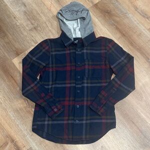 Hollister Men’s Navy Plaid Button Down Long Sleeve Shirt with Hoodie Size M